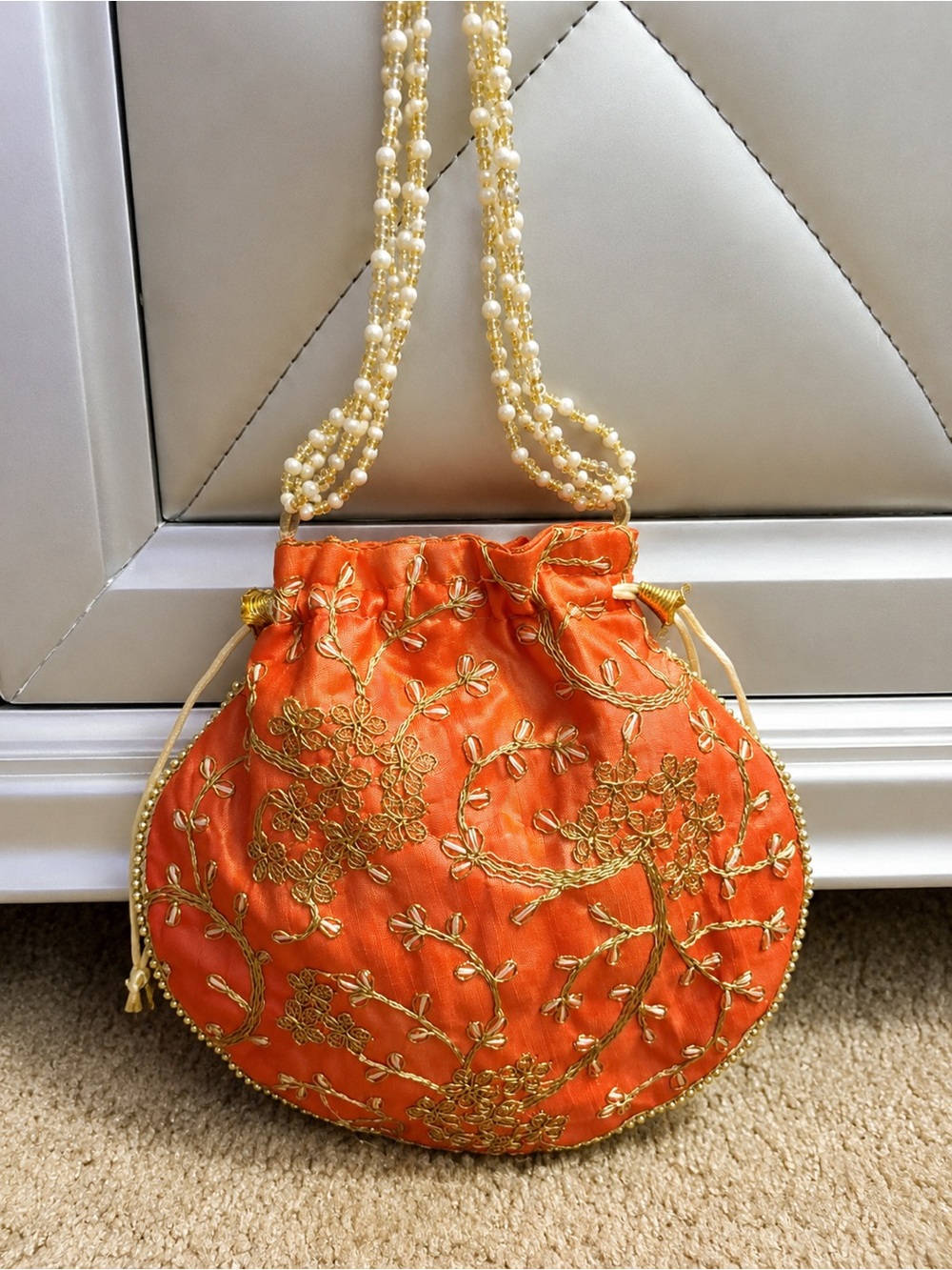 New!Orange Silk Embroidered Drawstring Potli Bag | Pearl Beaded Strap